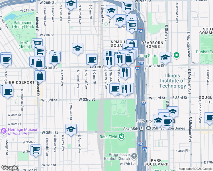 map of restaurants, bars, coffee shops, grocery stores, and more near 3158 South Stewart Avenue in Chicago