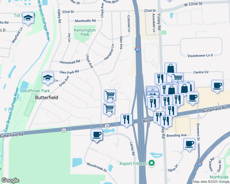 map of restaurants, bars, coffee shops, grocery stores, and more near 2845 Easton Street in Downers Grove