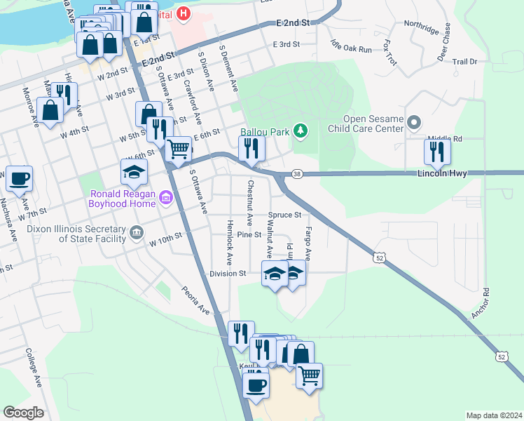 map of restaurants, bars, coffee shops, grocery stores, and more near 513 Spruce Street in Dixon