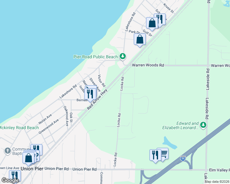 map of restaurants, bars, coffee shops, grocery stores, and more near 15678 Locke Road in Union Pier