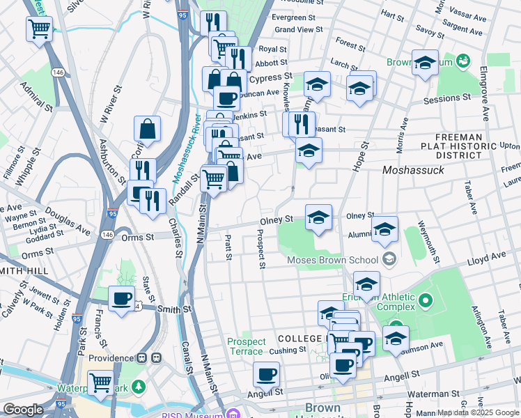 map of restaurants, bars, coffee shops, grocery stores, and more near Nicholas Brown Yards in Providence