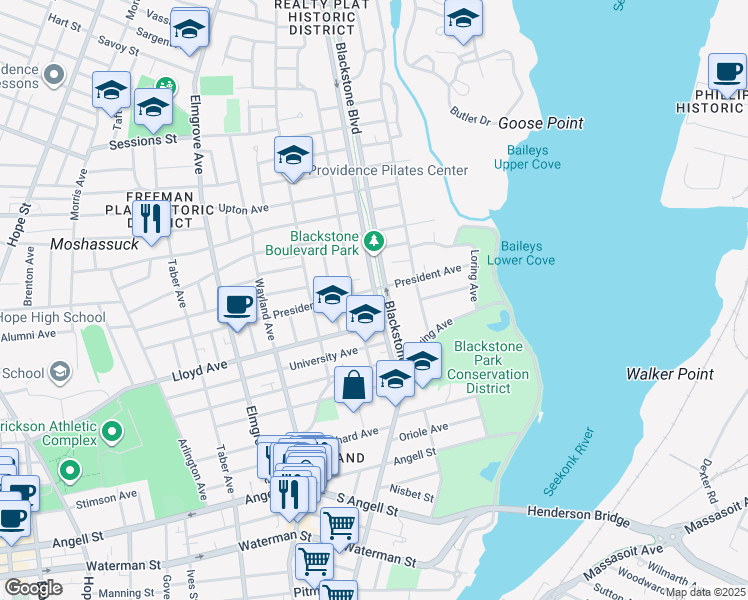map of restaurants, bars, coffee shops, grocery stores, and more near 242 President Avenue in Providence