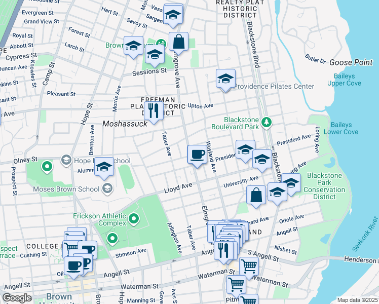 map of restaurants, bars, coffee shops, grocery stores, and more near 5 Doane Avenue in Providence
