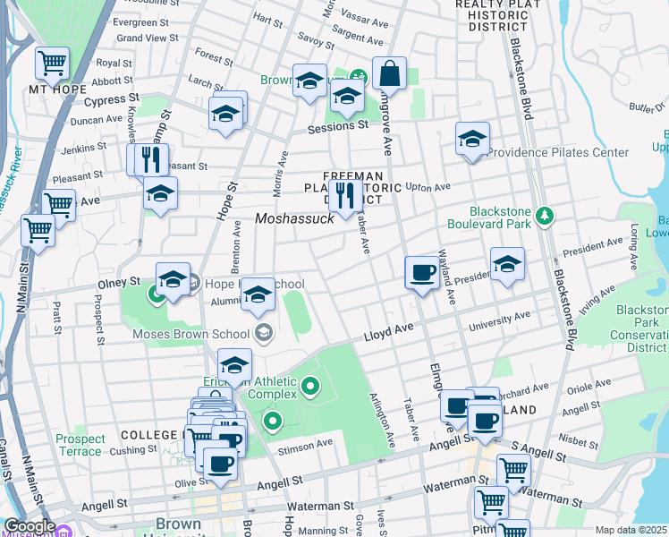 map of restaurants, bars, coffee shops, grocery stores, and more near 15 Barberry Hill in Providence