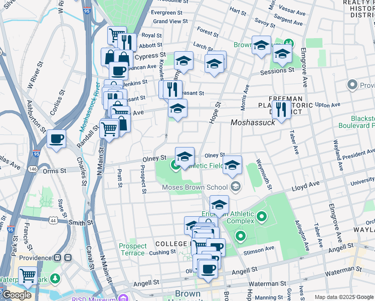 map of restaurants, bars, coffee shops, grocery stores, and more near 37 Carrington Avenue in Providence