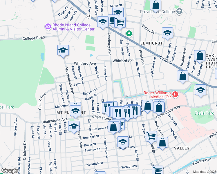 map of restaurants, bars, coffee shops, grocery stores, and more near 426 Academy Avenue in Providence