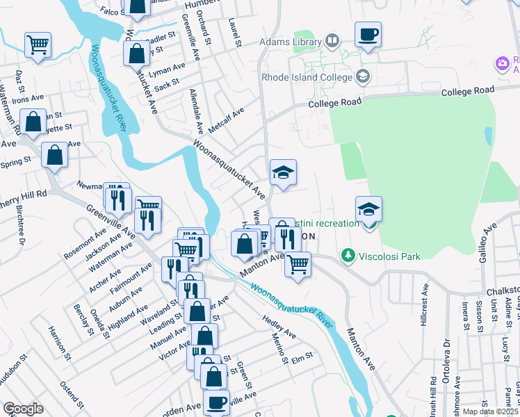 map of restaurants, bars, coffee shops, grocery stores, and more near 6 Woonasquatucket Avenue in North Providence