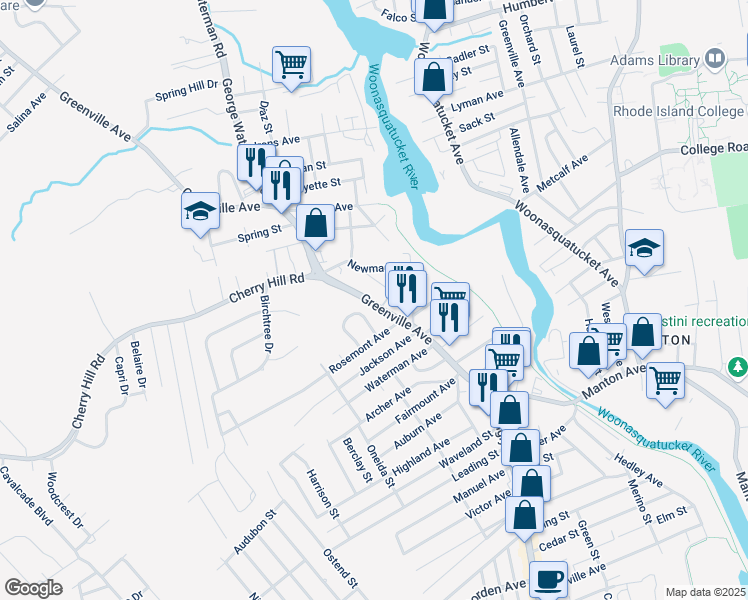 map of restaurants, bars, coffee shops, grocery stores, and more near 27 Kelley Avenue in Johnston