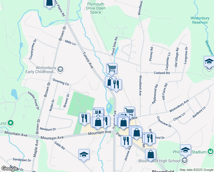 map of restaurants, bars, coffee shops, grocery stores, and more near 41-55 Tunxis Ave in Bloomfield