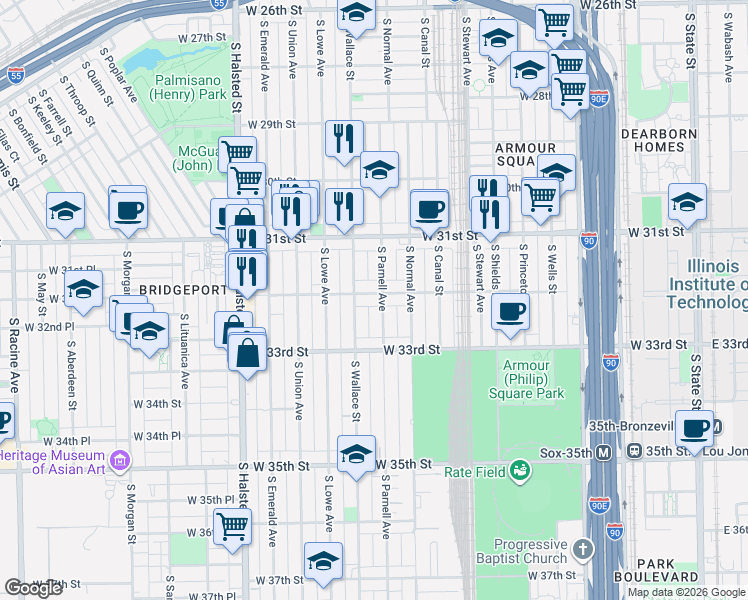 map of restaurants, bars, coffee shops, grocery stores, and more near 538 West 32nd Street in Chicago