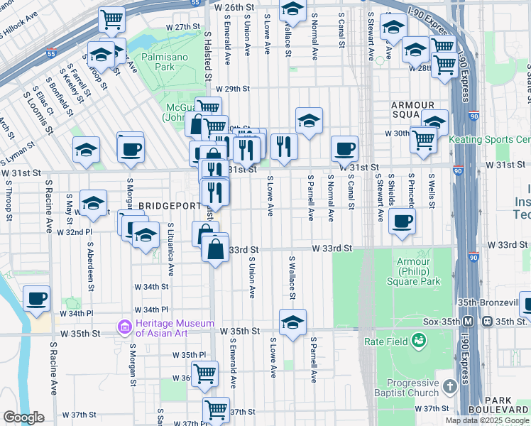 map of restaurants, bars, coffee shops, grocery stores, and more near 3153 South Union Avenue in Chicago