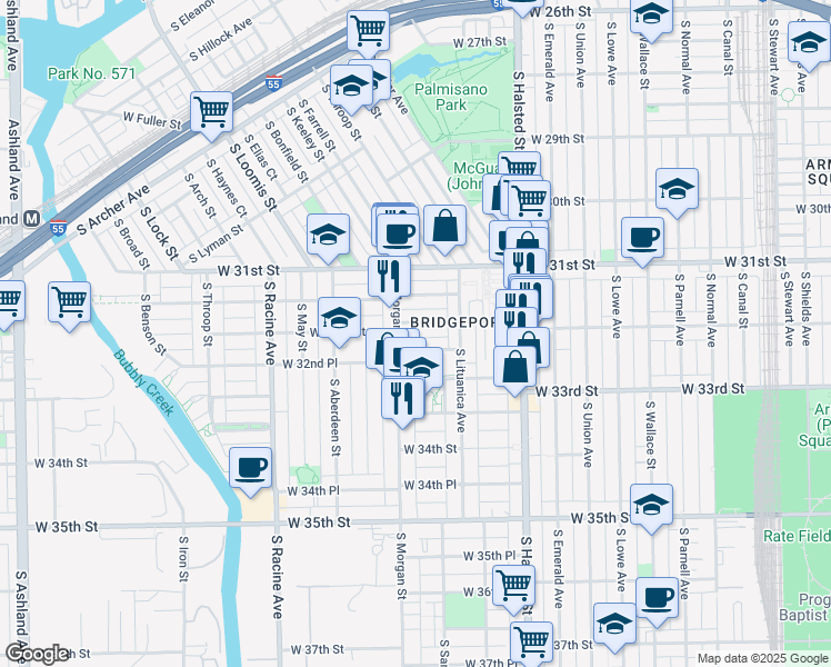 map of restaurants, bars, coffee shops, grocery stores, and more near 3149 South Morgan Street in Chicago