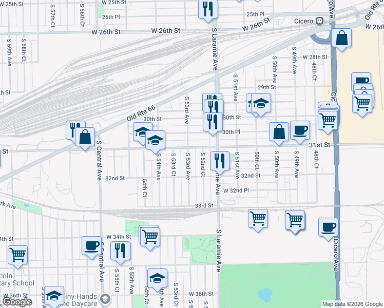 map of restaurants, bars, coffee shops, grocery stores, and more near 5244 31st Street in Cicero