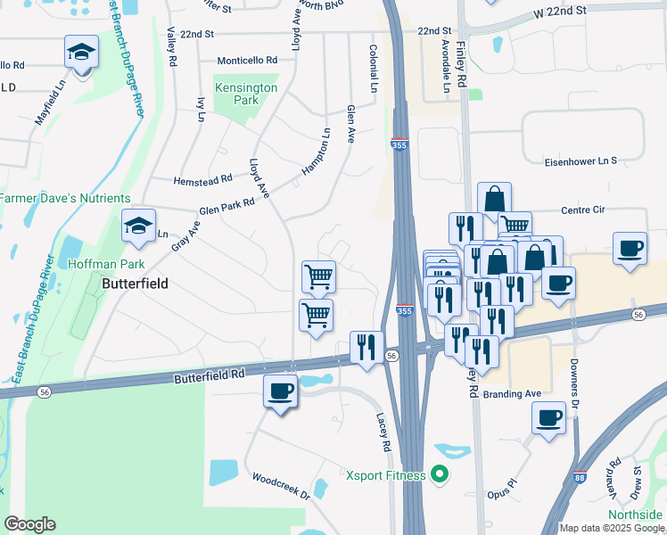 map of restaurants, bars, coffee shops, grocery stores, and more near 2845 Easton Street in Downers Grove