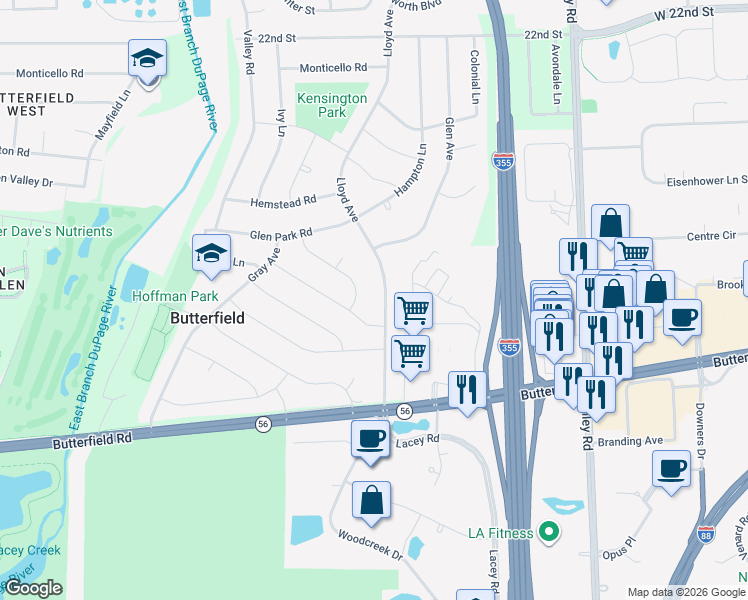 map of restaurants, bars, coffee shops, grocery stores, and more near 2S458 Lloyd Avenue in Lombard