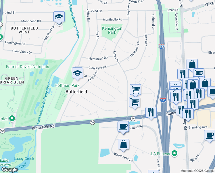 map of restaurants, bars, coffee shops, grocery stores, and more near 21W165 Everest Road in Lombard