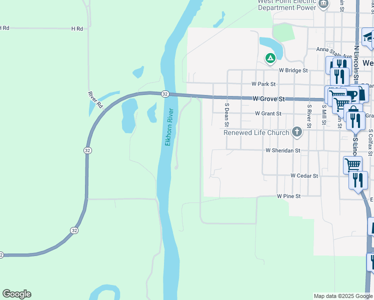 map of restaurants, bars, coffee shops, grocery stores, and more near 1205 West Grove Street in West Point
