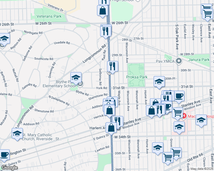 map of restaurants, bars, coffee shops, grocery stores, and more near 740 Selborne Road in Riverside