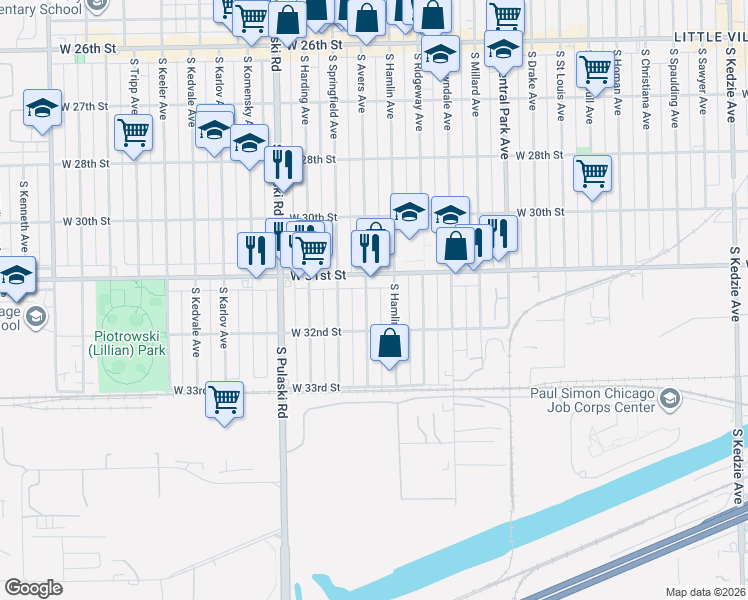 map of restaurants, bars, coffee shops, grocery stores, and more near 3114 South Hamlin Avenue in Chicago