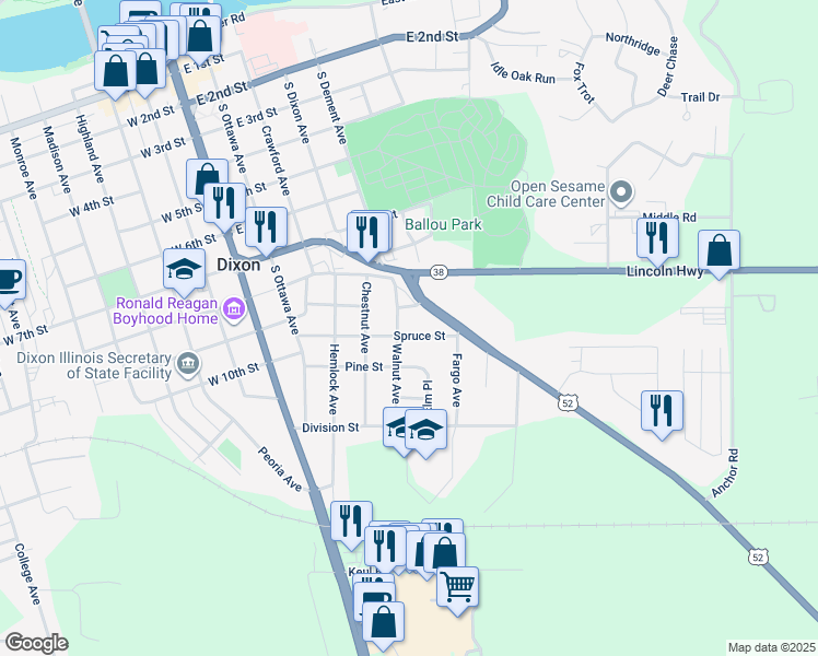 map of restaurants, bars, coffee shops, grocery stores, and more near 609 Spruce Street in Dixon