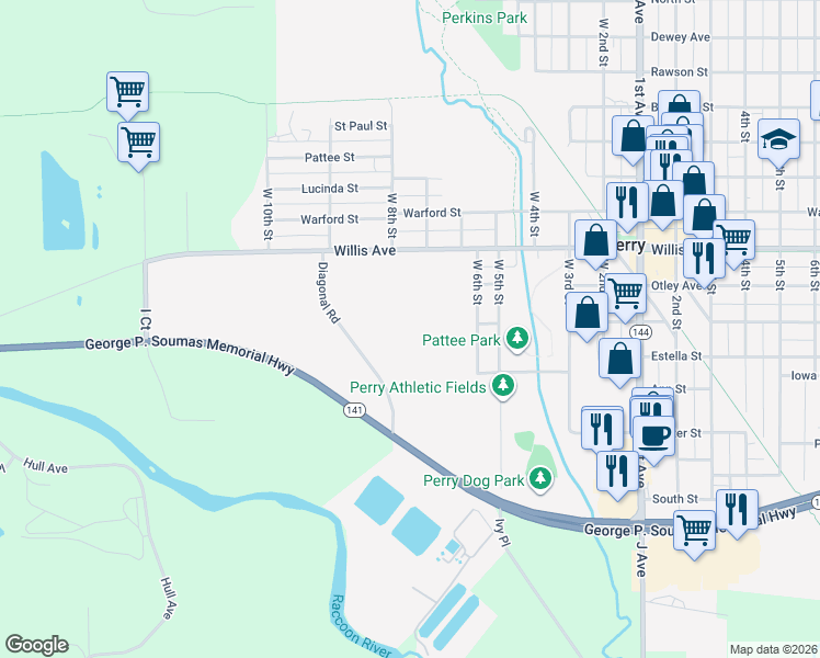 map of restaurants, bars, coffee shops, grocery stores, and more near 417 Willis Avenue in Perry