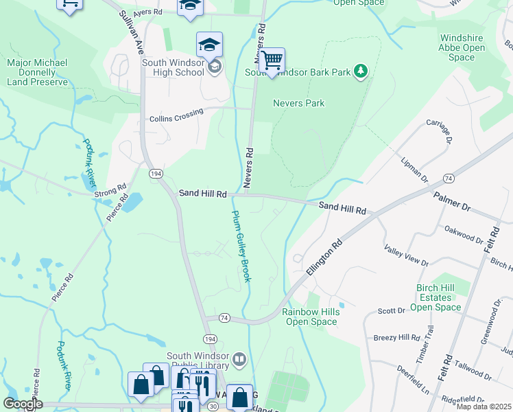 map of restaurants, bars, coffee shops, grocery stores, and more near 205 Sandstone Drive in South Windsor