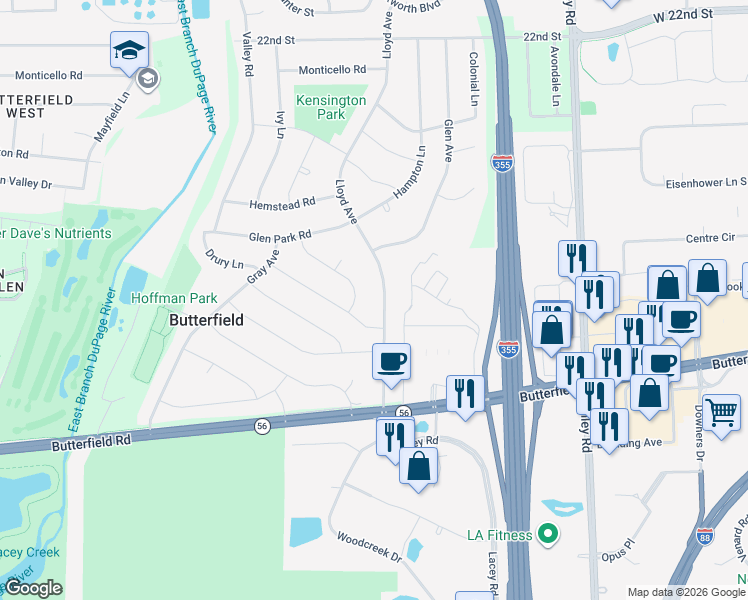 map of restaurants, bars, coffee shops, grocery stores, and more near 2S458 Lloyd Avenue in Lombard