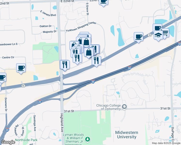 map of restaurants, bars, coffee shops, grocery stores, and more near 333 East Butterfield Road in Lombard