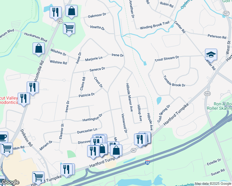 map of restaurants, bars, coffee shops, grocery stores, and more near 109 Vernwood Drive in Vernon
