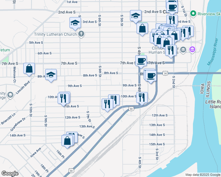 map of restaurants, bars, coffee shops, grocery stores, and more near 501-599 9th Avenue South in Clinton