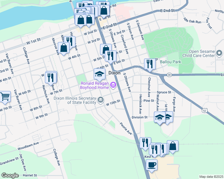map of restaurants, bars, coffee shops, grocery stores, and more near 816 South Hennepin Avenue in Dixon