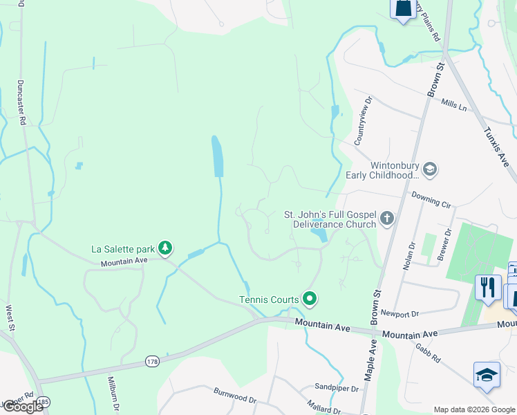 map of restaurants, bars, coffee shops, grocery stores, and more near 13 South Pond Road in Bloomfield