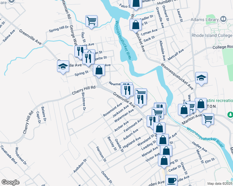 map of restaurants, bars, coffee shops, grocery stores, and more near 171 Greenville Avenue in Johnston