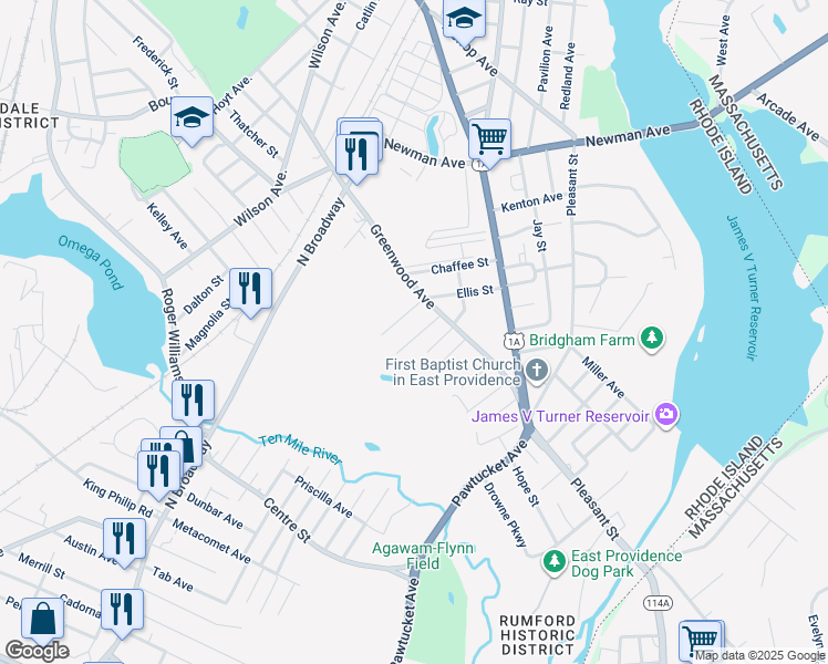 map of restaurants, bars, coffee shops, grocery stores, and more near 15 Berwick Place in East Providence