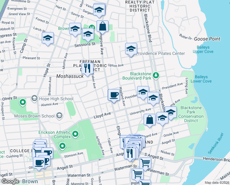 map of restaurants, bars, coffee shops, grocery stores, and more near 5 Doane Avenue in Providence