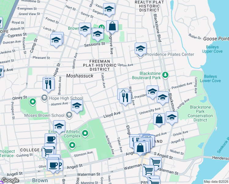 map of restaurants, bars, coffee shops, grocery stores, and more near 75 Laurel Avenue in Providence