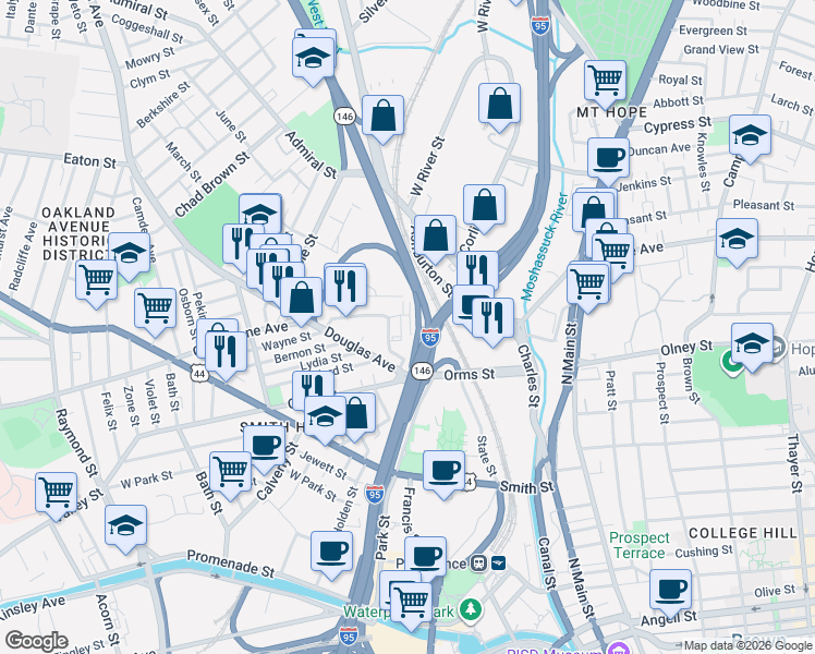 map of restaurants, bars, coffee shops, grocery stores, and more near 206 Chalkstone Avenue in Providence