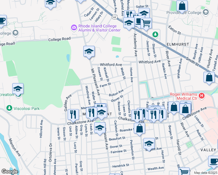 map of restaurants, bars, coffee shops, grocery stores, and more near 111 Farm Street in Providence
