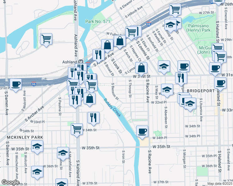 map of restaurants, bars, coffee shops, grocery stores, and more near 1339 West 31st Place in Chicago