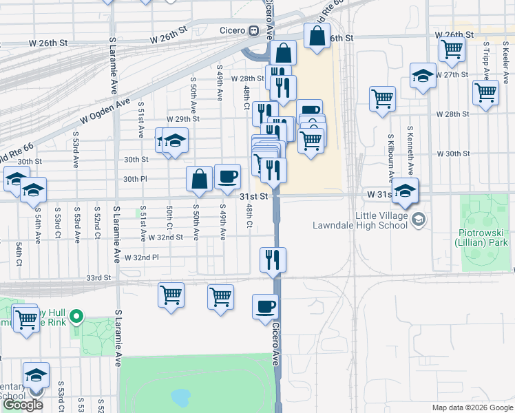 map of restaurants, bars, coffee shops, grocery stores, and more near in Cicero