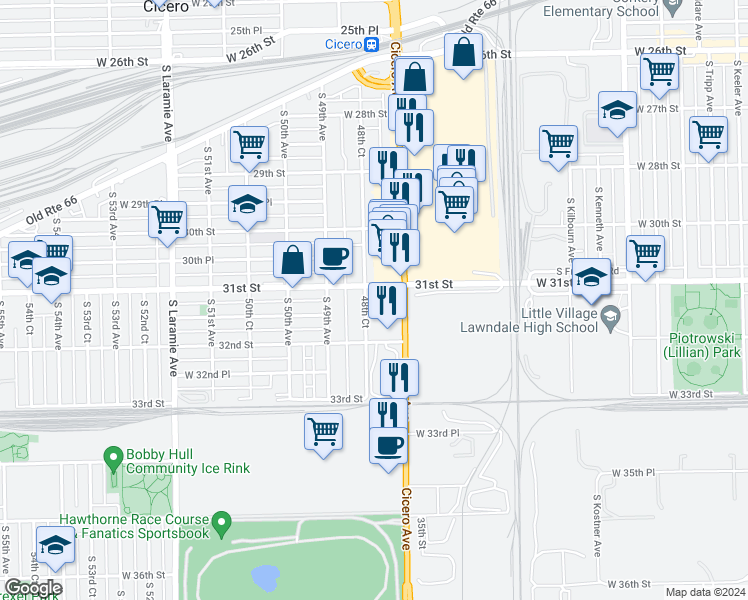 map of restaurants, bars, coffee shops, grocery stores, and more near in Cicero
