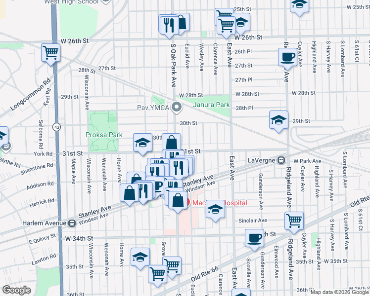 map of restaurants, bars, coffee shops, grocery stores, and more near 3036 Euclid Avenue in Berwyn