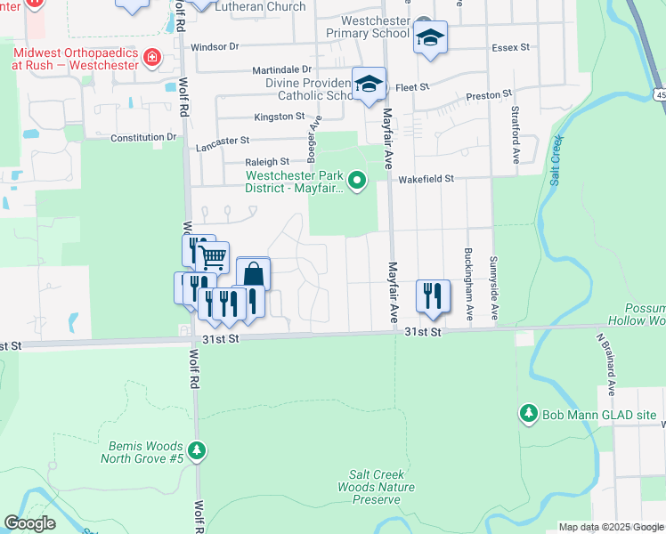 map of restaurants, bars, coffee shops, grocery stores, and more near 2881 Denton Court in Westchester