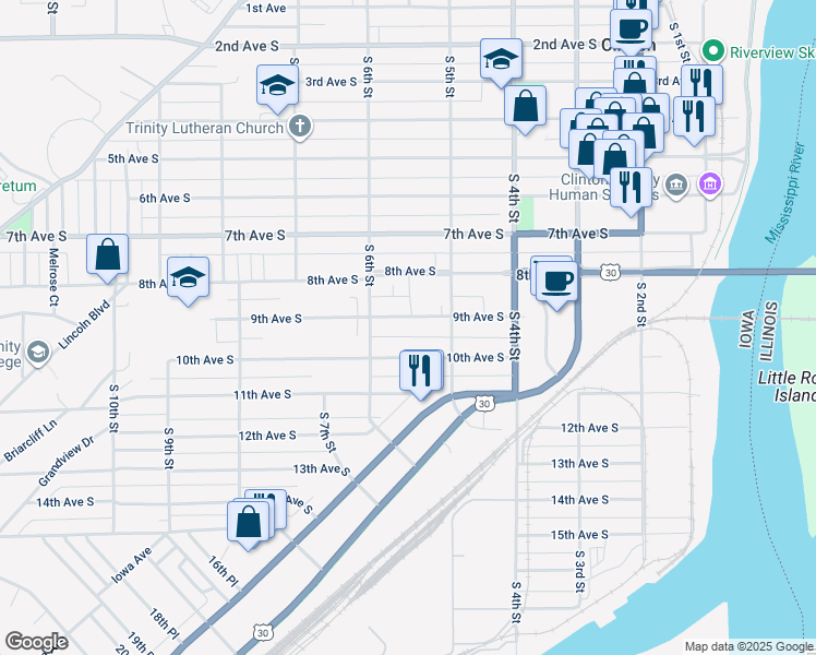 map of restaurants, bars, coffee shops, grocery stores, and more near 501-599 9th Avenue South in Clinton