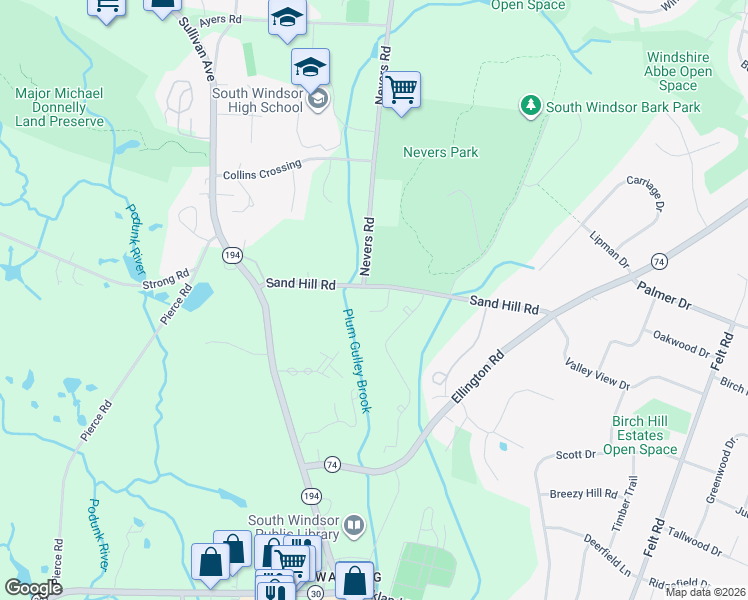 map of restaurants, bars, coffee shops, grocery stores, and more near 151 Sand Hill Road in South Windsor
