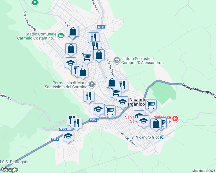 map of restaurants, bars, coffee shops, grocery stores, and more near 121 Via Giacomo Matteotti in San Nicandro Garganico