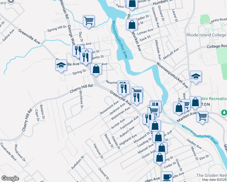 map of restaurants, bars, coffee shops, grocery stores, and more near 27 Kelley Avenue in Johnston