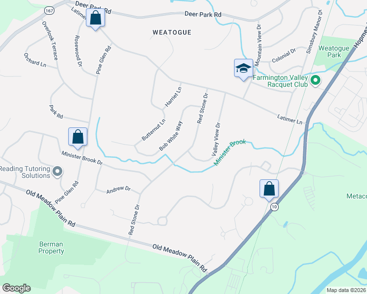 map of restaurants, bars, coffee shops, grocery stores, and more near 13 Bob White Way in Simsbury