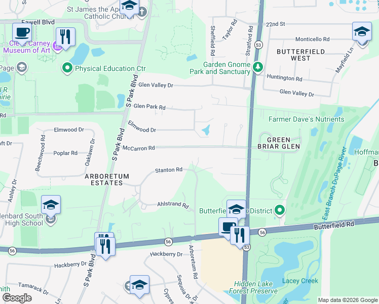 map of restaurants, bars, coffee shops, grocery stores, and more near 230 McCarron Road in Glen Ellyn