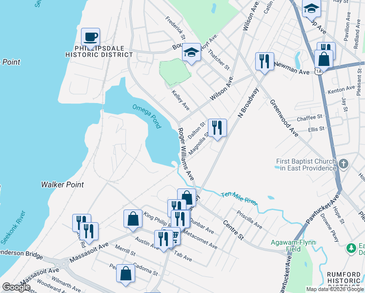 map of restaurants, bars, coffee shops, grocery stores, and more near 48 Roger Williams Avenue in East Providence